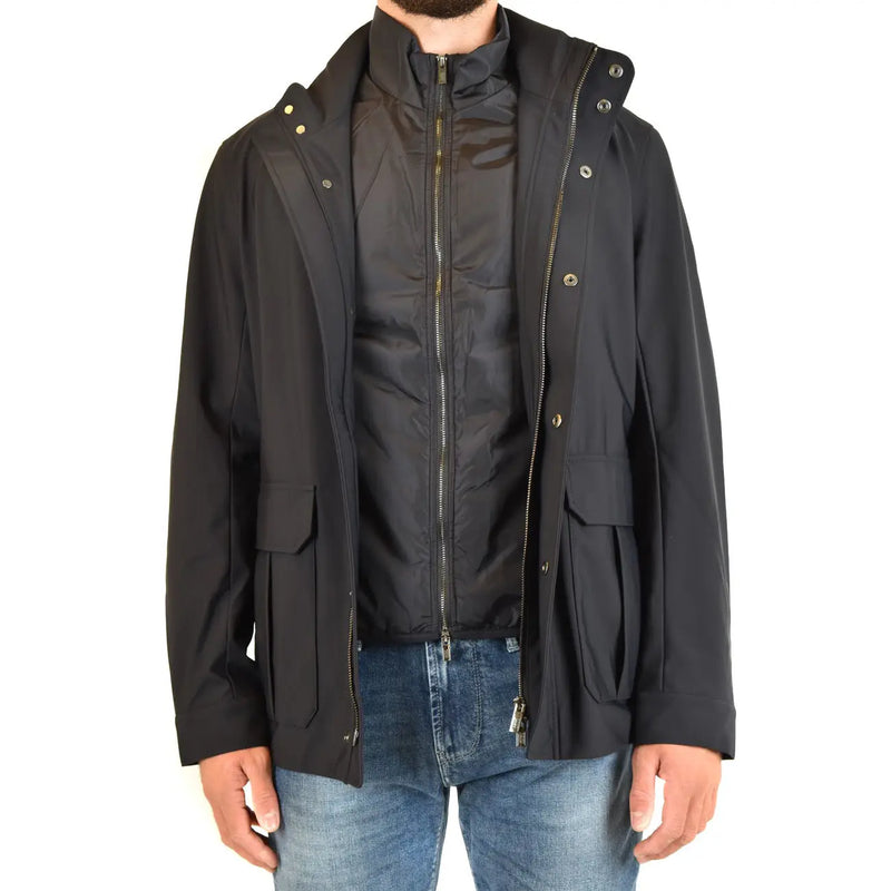 Emporio Armani Herrenblazer aus blauem Polyester mit Reißverschluss und schwarzer Kapuzenjacke mit goldfarbenen Reißverschluss- und Knopfdetails