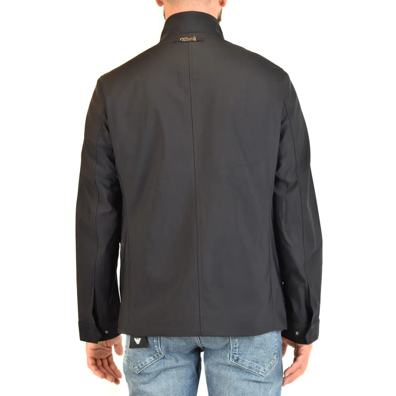 Schwarze, taillierte Jacke mit hohem Kragen und dezenten Ziernähten aus blauem Polyester von Emporio Armani für Herren (Reißverschlussblazer).
