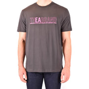 Graues Herren-T-Shirt aus Baumwolle von Emporio Armani mit dunkelgrauen kurzen Ärmeln und auffälligem pinkfarbenem Markenlogo auf der Vorderseite