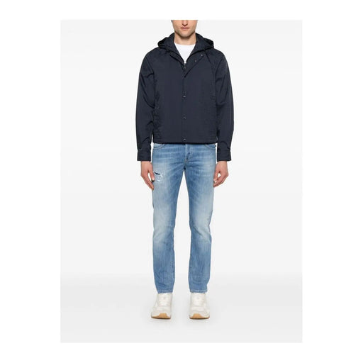 Marineblaue Emporio Armani Herrenjacke mit dezentem Strukturmuster, Knopfleiste, Polyamid, Frühjahr/Sommer-Mode