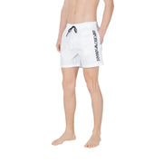 Emporio Armani Herren-Badehose, weiß, aus Polyamid, mit schwarzem Kordelzug und seitlichem Logo.
