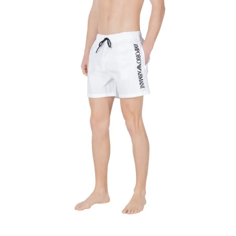 Emporio Armani Herren-Badehose, weiß, aus Polyamid, mit schwarzem Kordelzug und seitlichem Logo.