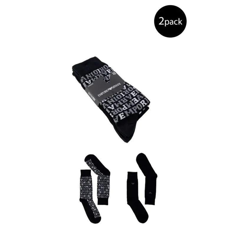 Emporio Armani men’s black socks 2-pack with repeating white emporio armani logo fall winter collection