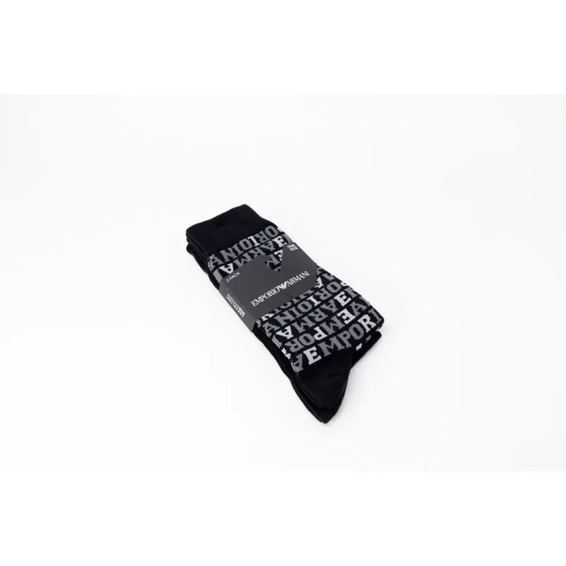 Emporio Armani men’s black socks with a repeating gray emporio armani logo pattern from fall winter collection