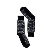 Emporio Armani men’s black socks with repeating gray Emporio Armani text pattern from fall winter collection