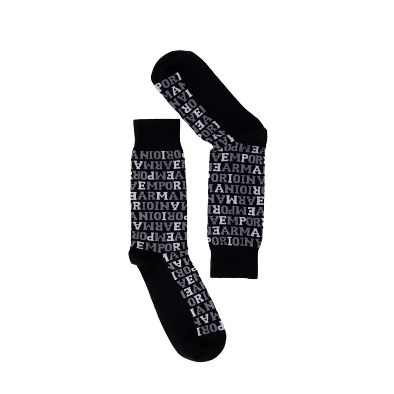Emporio Armani men’s black socks with repeating gray Emporio Armani text pattern from fall winter collection