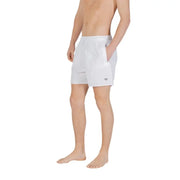 White men’s swim trunks by Emporio Armani with a drawstring waistband and logo on the lower left leg
