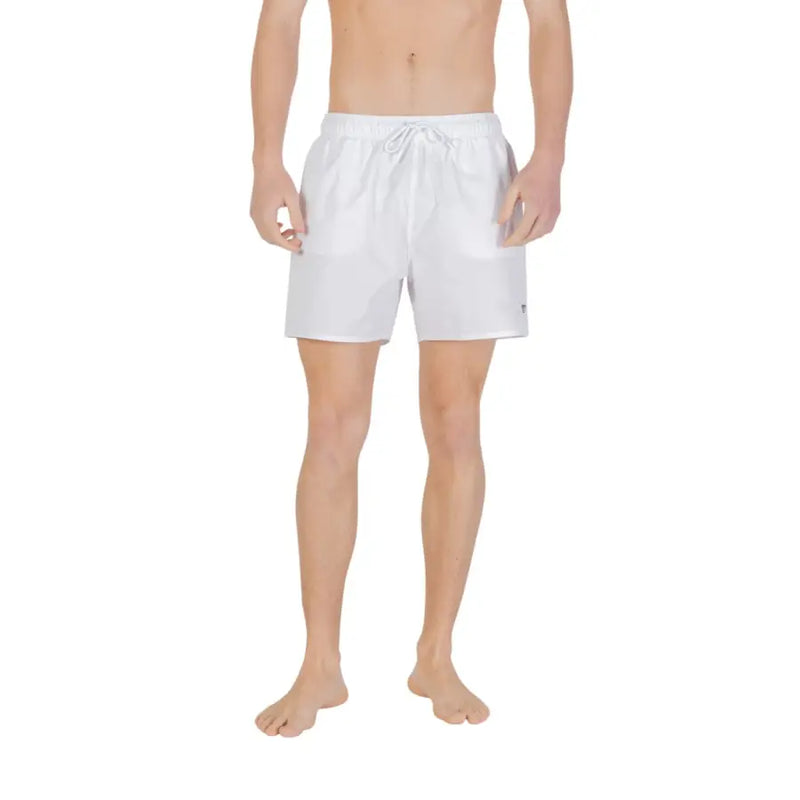 Emporio Armani underwear men swimwear white swim trunks with drawstring waistband and subtle branding on lower right leg