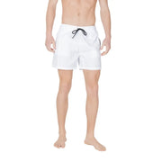 White Emporio Armani swim trunks with black drawstring and subtle side branding designed for men swimwear