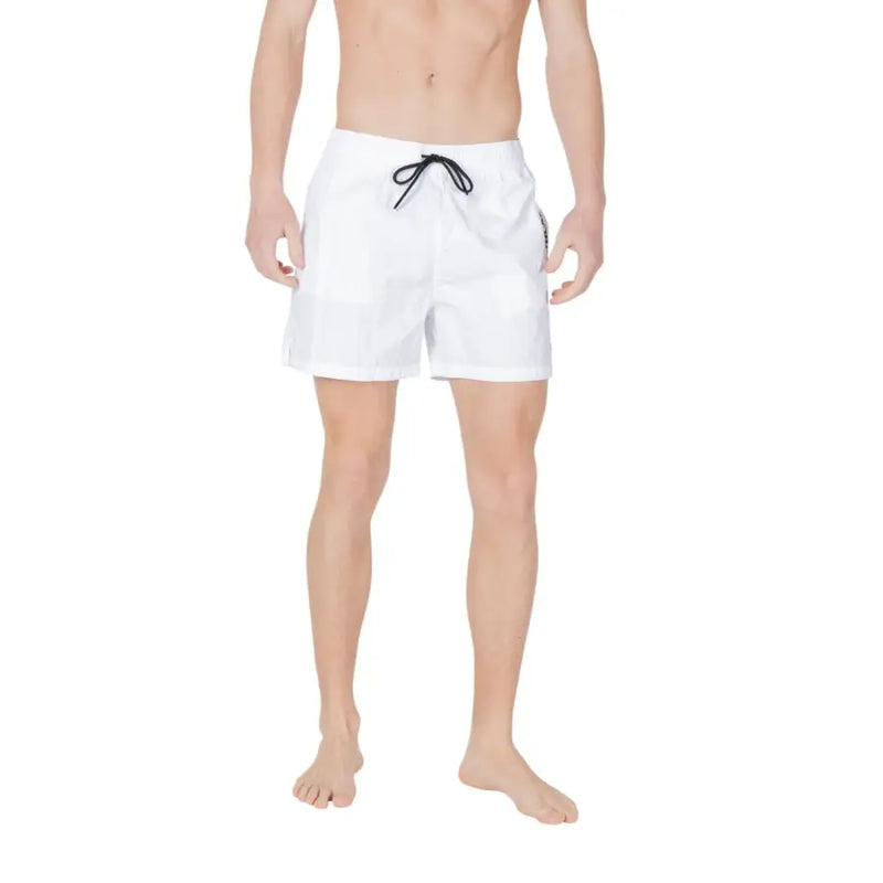 White Emporio Armani swim trunks with black drawstring and subtle side branding designed for men swimwear