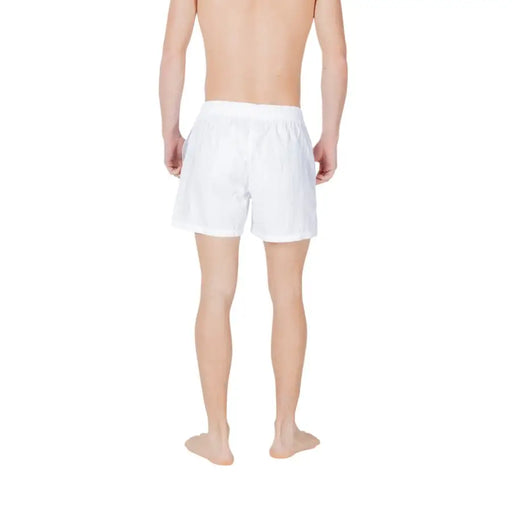 Emporio Armani White Men’s Swim Briefs with Lace and Pocket displayed on a model
