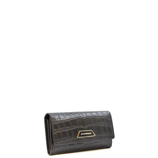 Emporio Armani Damen-Ledergeldbörse, schwarz, mit schwarzer Krokodilprägung und goldfarbenem Logo-Emblem mit Knöpfen