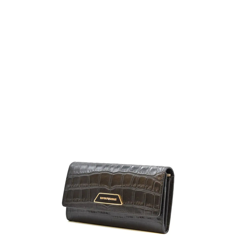 Emporio Armani Damen-Geldbörse aus schwarzem Leder mit Knöpfen, dunkelgrünem Leder in Krokodiloptik und goldfarbenem Logo-Emblem