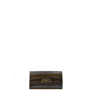 Schwarze Damen-Ledergeldbörse von Emporio Armani mit Knöpfen, dunkelgrüner Krokodilprägung und goldfarbenem Logo-Emblem.