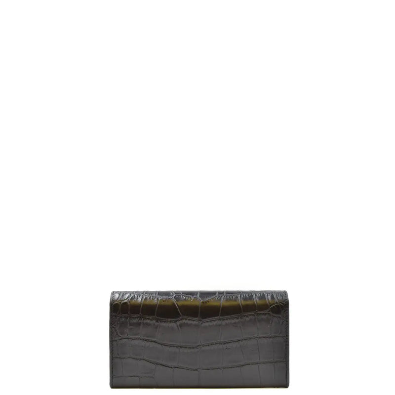 Emporio Armani Damen-Geldbörse aus dunkelgrünem, krokodilgeprägtem Leder mit Druckknöpfen für sicheren Verschluss.