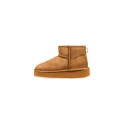 Emu Australia women leather ankle boot in tan suede with thick platform sole and small gold logo on the side