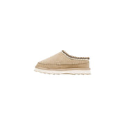 Emu Australia women leather slippers beige suede slip-on mule shoe with dark zigzag stitch and white rubber sole