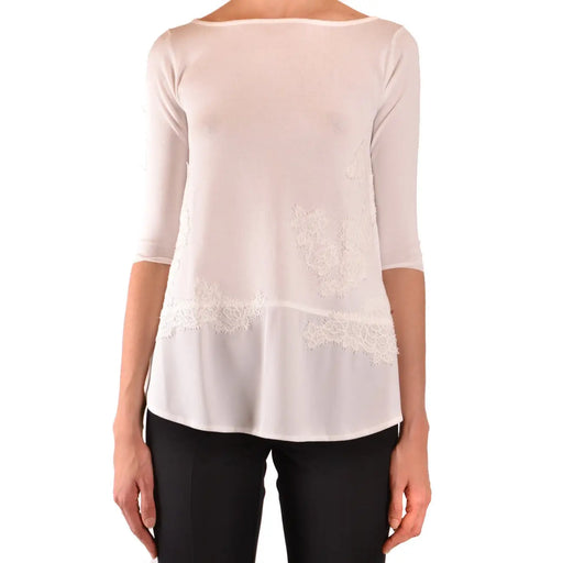 Ermanno women beige knitwear viscose blend top with delicate off-white sheer fabric and lace hemline detailing