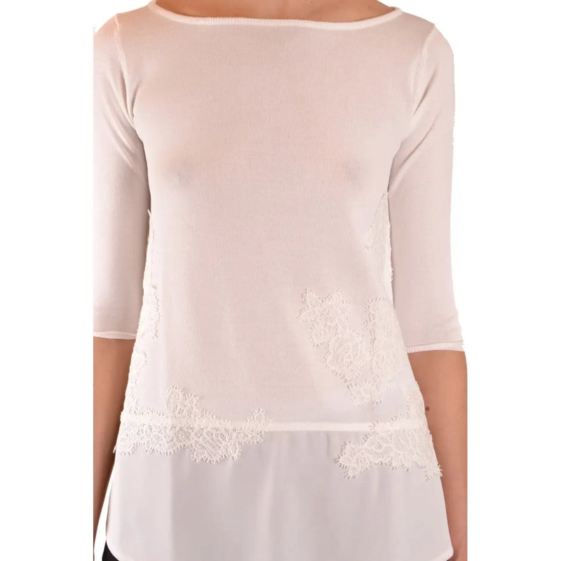 Ermanno Damen-Strickwaren in Beige aus Viskosemischung top mit cremefarbenem, transparentem Stoff und aufwendigen weißen Spitzendetails an den Seiten und am Saum