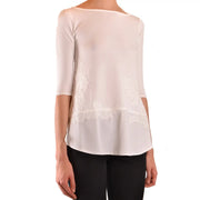 Ermanno Damen-Strickwaren in Beige aus Viskosemischung top mit einer zarten, cremefarbenen, transparenten Bluse mit Spitzeneinsätzen an den Seiten und Dreiviertelärmeln