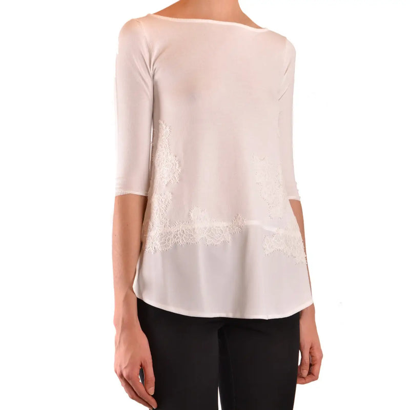 Ermanno Damen-Strickwaren in Beige aus Viskosemischung top mit einer zarten, cremefarbenen, transparenten Bluse mit Spitzeneinsätzen an den Seiten und Dreiviertelärmeln