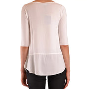 Ermanno Damen-Strickwaren in Beige aus Viskosemischung top mit einer weichen, cremefarbenen, transparenten Bluse mit Dreiviertelärmeln und Rüschensaum