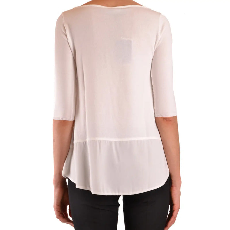 Ermanno Damen-Strickwaren in Beige aus Viskosemischung top mit einer weichen, cremefarbenen, transparenten Bluse mit Dreiviertelärmeln und Rüschensaum