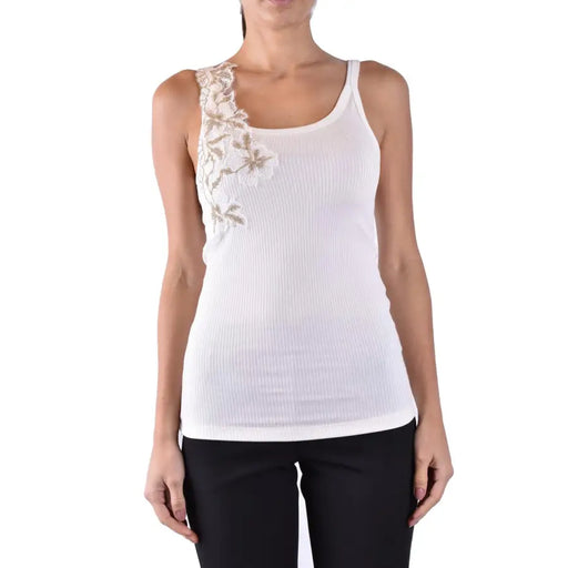 Ermanno white ribbed cotton tank top with lace and beaded floral embroidery