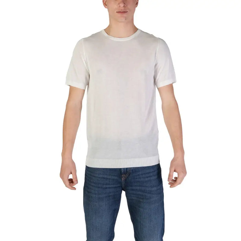 Weißes, kurzärmeliges Viskose-Shirt mit Rundhalsausschnitt t-shirt mit geripptem Saum aus der Herren-Polo-Kollektion der Modemarke