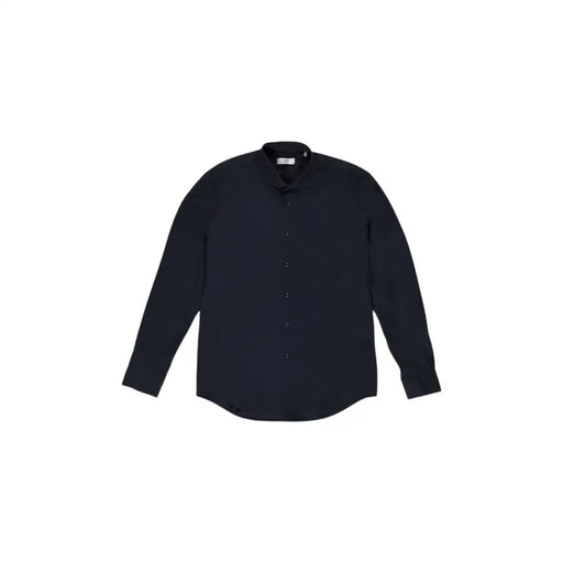 Marken-Herrenhemd mit elegantem, dunkelblauem Langarmdesign, Knopfleiste und modernem Stehkragen