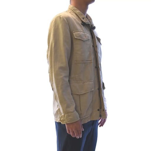 Beige fay men blazer cotton linen long turtleneck jacket with multiple flap pockets and button closures