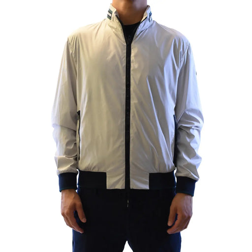 Fay men blazer grey zip long turtleneck polyester with a sleek off-white bomber jacket featuring black trim and textured finish