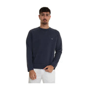 Marineblauer Baumwollpullover mit Rundhalsausschnitt von Fay Men Knitwear mit dezentem, weiß gesticktem Logo auf der linken Brust.