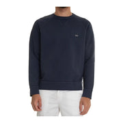 Dark navy blue Fay men knitwear crewneck cotton sweater with a small rectangular embroidered patch on left chest