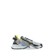 Fendi Herren-Sneaker aus grauem, sportlichem Stoff zum Hineinschlüpfen, silber-schwarzem Mesh mit neongrünen Akzenten und blauen Streifen