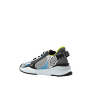 Fendi Herren-Sneaker aus grauem, sportlichem Stoff zum Hineinschlüpfen mit grau-schwarzem Mesh-Obermaterial, neongrünen Akzenten und blauen Streifen