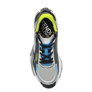 Fendi Herren-Sneaker aus grauem, sportlichem Stoff zum Hineinschlüpfen in Silber und Schwarz mit neongelben Akzenten und blauen Mesh-Details