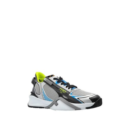 Fendi men grey sporty slip on fabric sneakers with mesh upper black silver accents neon yellow lining and chunky white sole