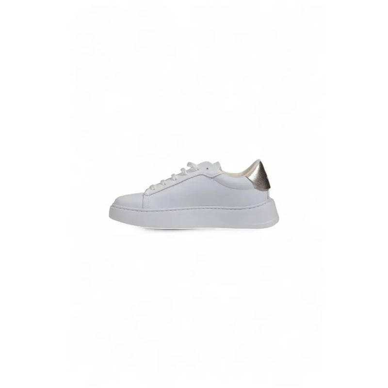 Furla women’s white leather low-top sneaker with metallic silver heel tab and thick white rubber sole back view
