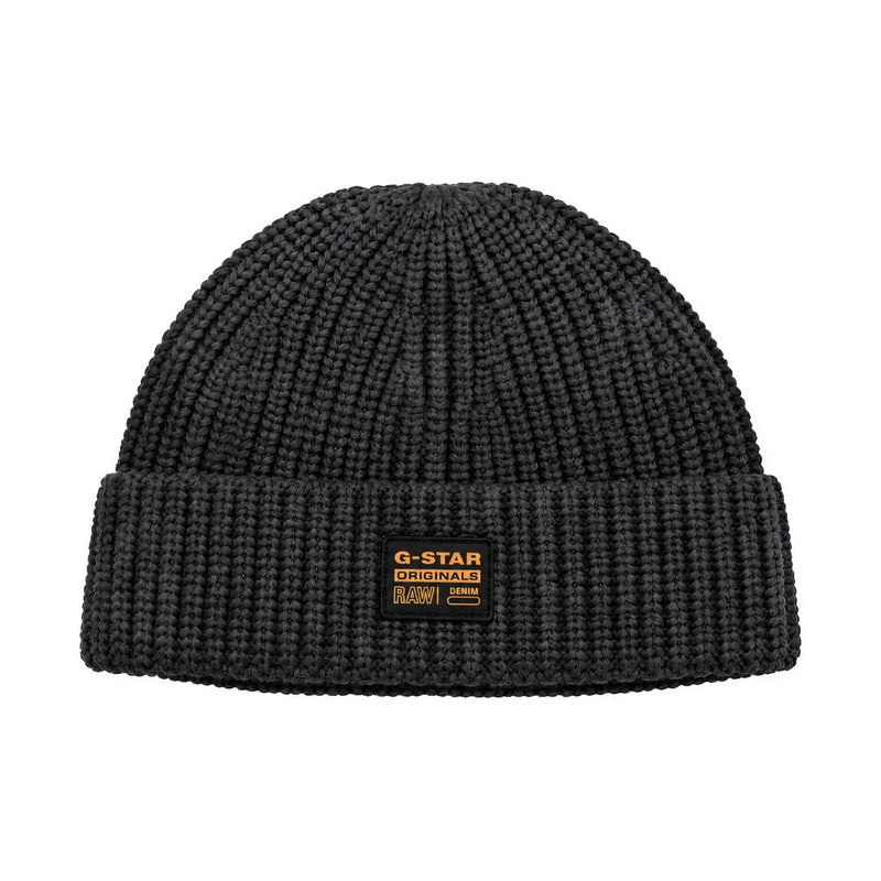 Schwarze, gerippte G-Star-Strickmütze für Herren mit umgeschlagenem Rand und rechteckigem Logo-Patch, Vorderansicht