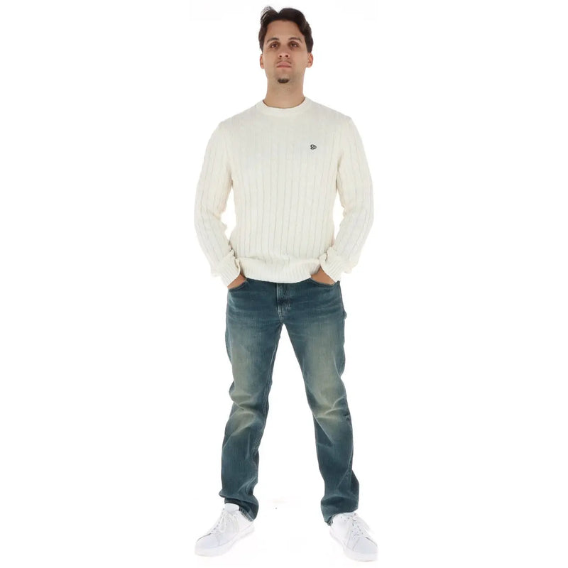 G-Star Jeans, cremefarbener Rippstrickpullover für Herren mit kleinem Logo auf der linken Brust, Vorderansicht