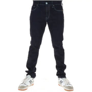 Dunkelindigofarbene G-Star Herrenjeans aus Baumwollstretch mit kontrastierenden weißen Nähten und klassischem Fünf-Taschen-Design mit Knopfleiste
