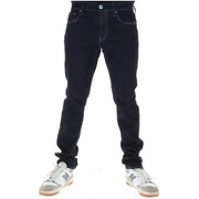 Dark indigo cotton stretch G-star men jeans with contrasting white stitching and classic five-pocket design button fly