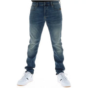 Rückseite der G-Star Herrenjeans 51001 aus dunkelblauem Slim-Fit-Denim mit Knopfleiste, Baumwollstretch und braunem Markenpatch.