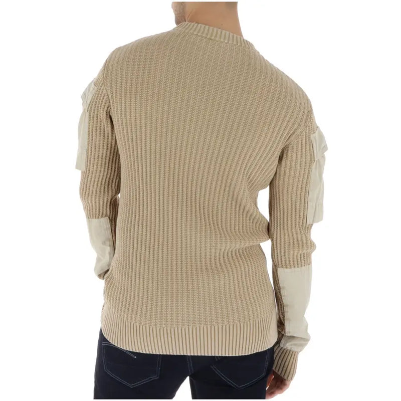 G-Star Herren-Strickwaren, beigefarbener langer Baumwollpullover mit Rippstrickstruktur und cremefarbenen Einsätzen an Schultern und Bündchen