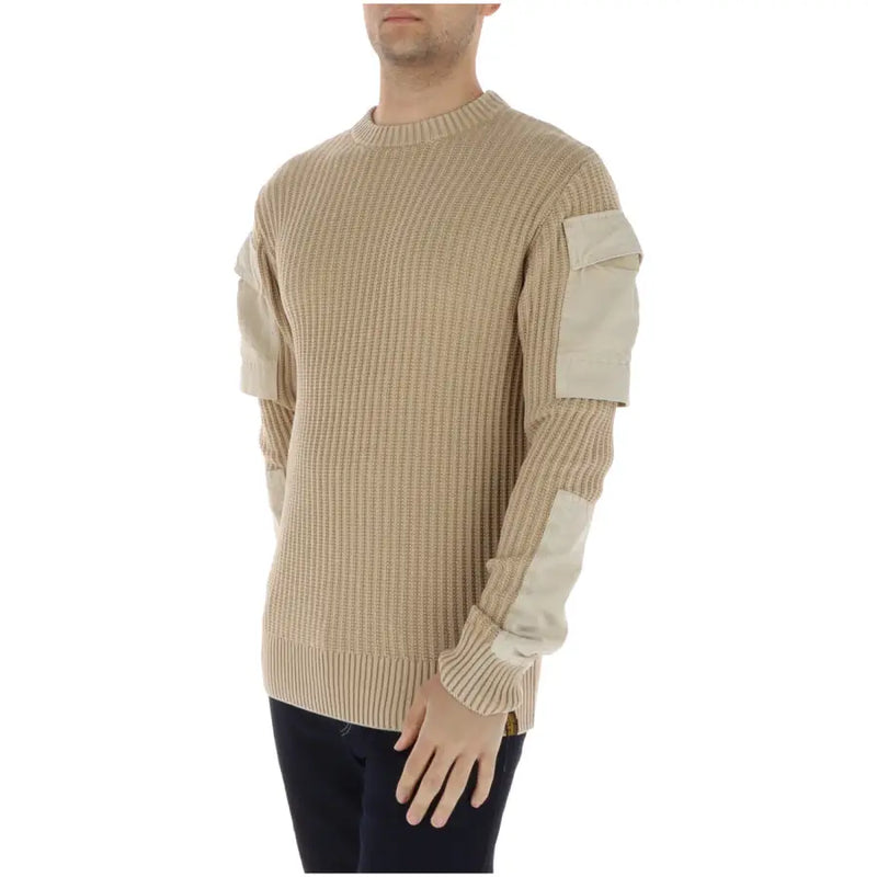 G-Star Herren-Strickwaren, beigefarbener langer Baumwollpullover mit Rippstrickstruktur und cremeweißen Einsätzen an den Ärmeln