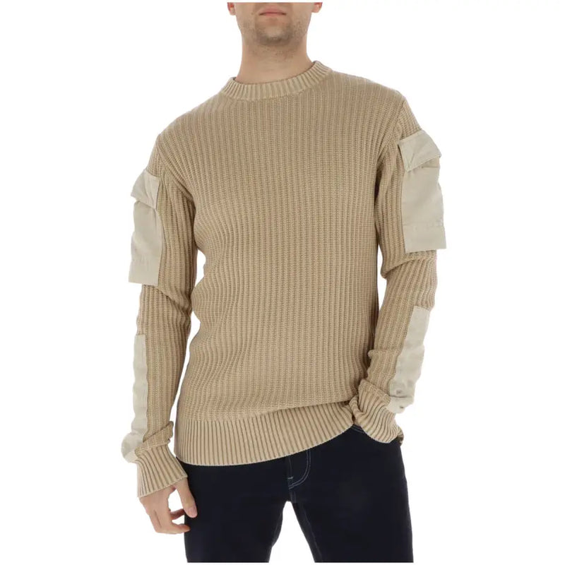 G-Star Herren-Strickwaren, beigefarbener langer Baumwollpullover mit Rippstruktur und cremeweißen Einsätzen an den Ärmeln