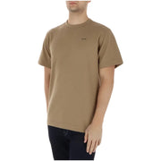 Beige gerippte Kurzarm-Strickjacke von G-Star für Herren t-shirt mit Rundhalsausschnitt und schwarzem Logo aus Bio-Baumwolle