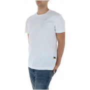 White G-Star Raw Men t-shirt Rundhalsausschnitt, Kurzarm, 100 % Baumwolle, dezentes Logo auf der Brust und braunes Label am Saum