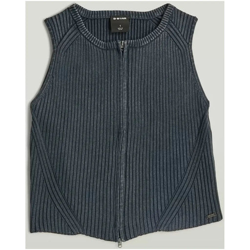 Dunkelgraue, gerippte, ärmellose Strickweste mit Frontreißverschluss und G-Star-Label, designt als Damen-Tanktop top